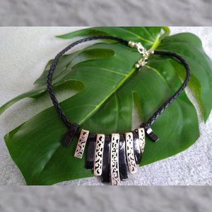Ethnic Carved Metal Choker Necklace Morocco Artist Creation Treated Leather